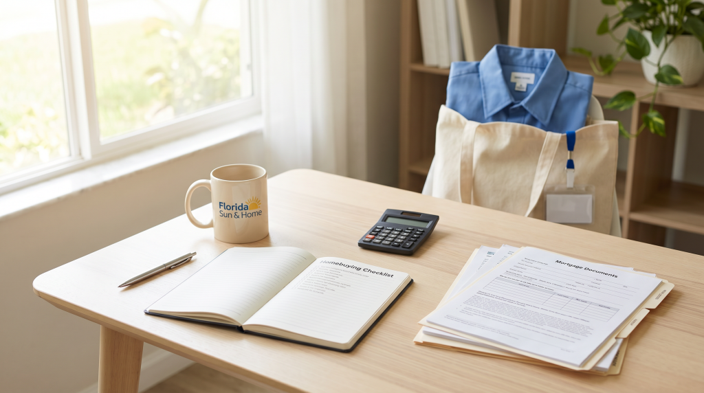 Hometown Heroes Program in Florida homebuying planning scene with a checklist, calculator, coffee, and mortgage notes on a bright table in natural light