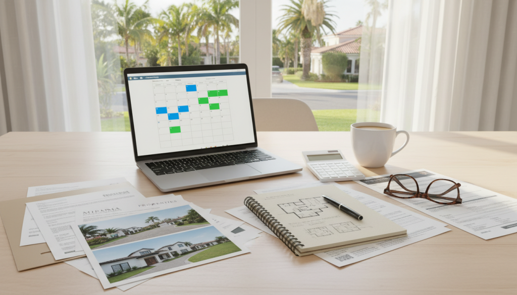 Airbnb income and Florida mortgages planning scene with rental calendar, calculator, coffee, and property notes on a bright table in South Florida