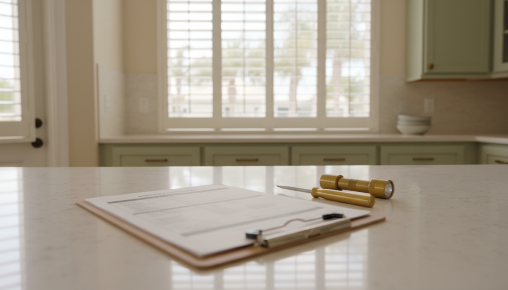 Inspection negotiations in Florida concept — inspector's clipboard on a Broward County kitchen counter