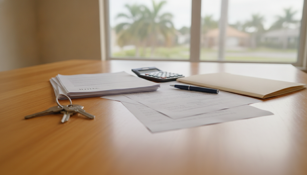 Two sets of house keys, title paperwork, mortgage application notes, calculator, pen, and closing folder on a Broward County kitchen table